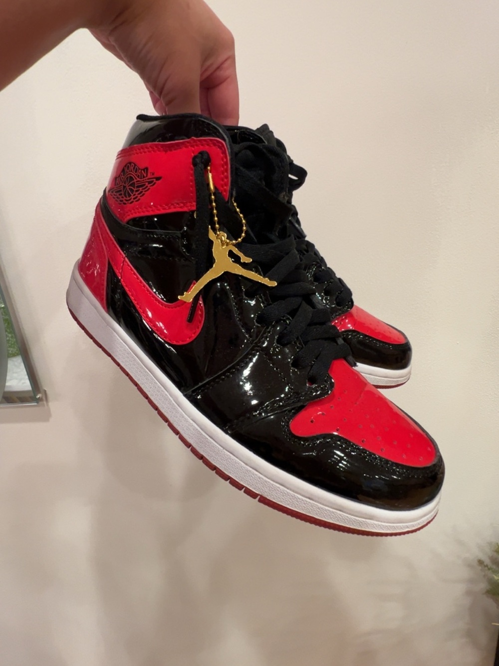 Jordan Men's High Top Sneakers in Black and Red Patent